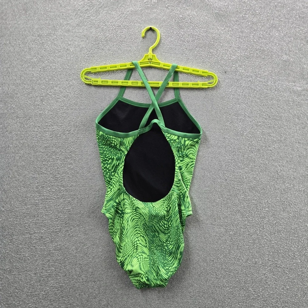 Nike Women Swimwear 4 Green One-Piece Geometric Geo Alloy Modern Cut Out